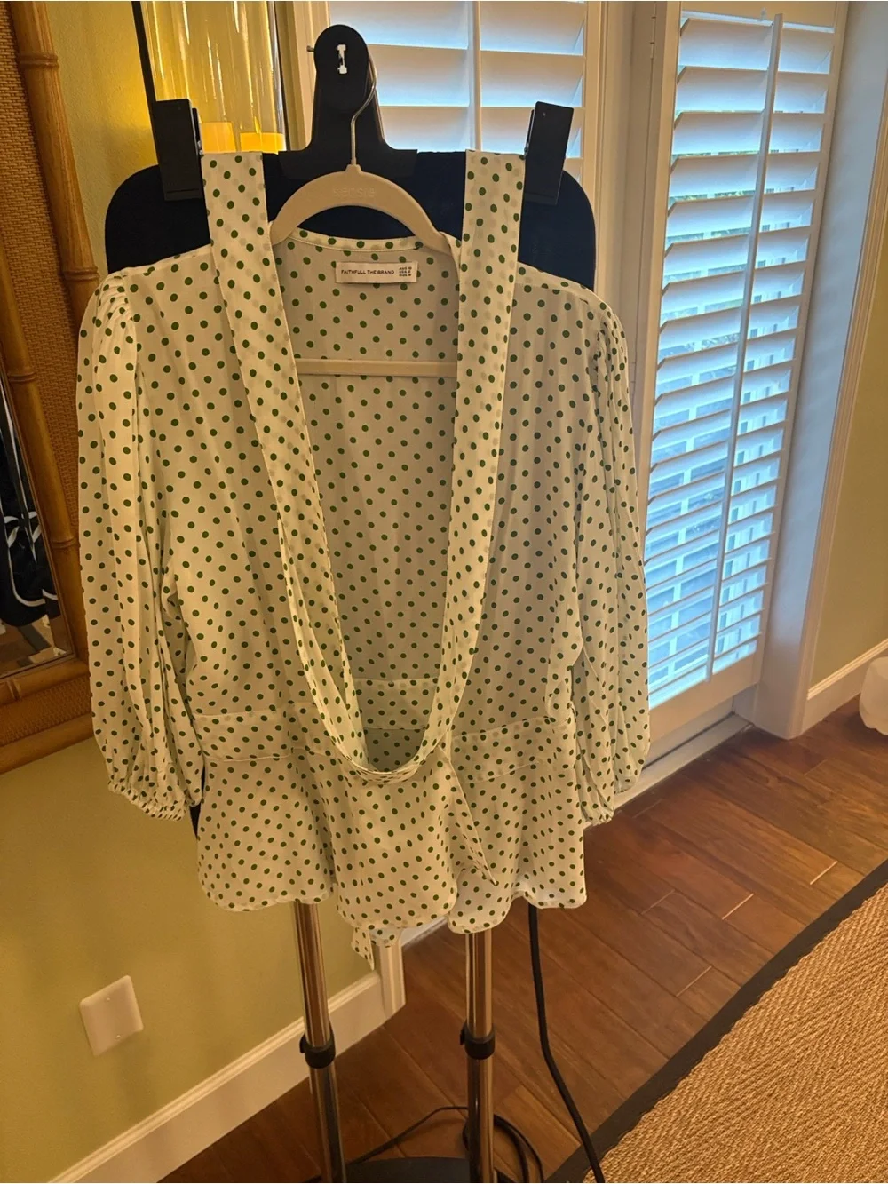 Faithfull the Brand Green Polka Dot Wrap Blouse on White